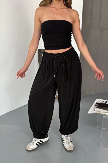 Eka Women's Black Lace-up Wide Leg Trousers 1018-E001