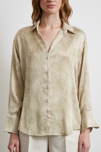 Never more Green V-Neck Patterned Satin Shirt