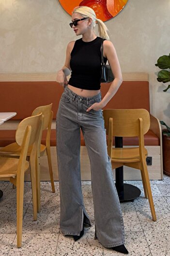 Madmext Gray High Waist Slit Women's Jean Mg1384