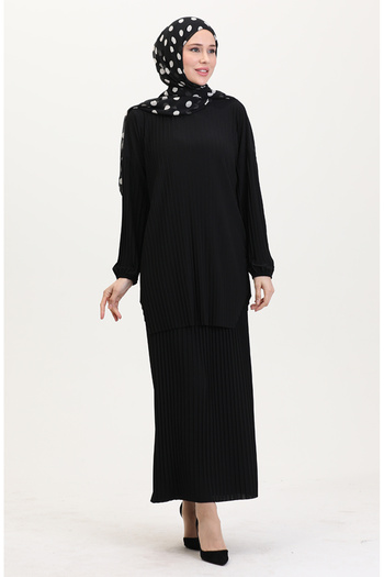 sefamerve Pleated Tunic-Meat Double Set 0015-07 Black