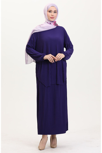 sefamerve Purple Pleated Tunic Effect Double Suit 0015-01