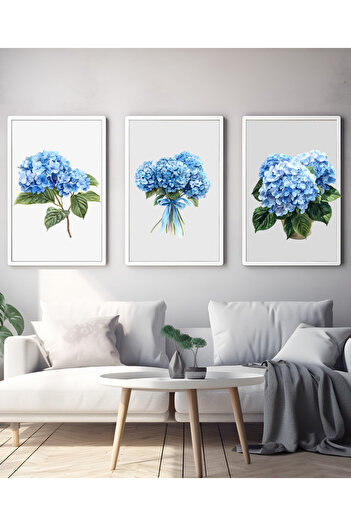 Hiras Dizayn 3 Poster Set Blue Hydrangeas Living Room Decorative Artistic Painting 3 Sizes Frameless Wall Decor