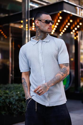 Pobudo Gray Color Detailed Short Sleeve Knitwear Shirt