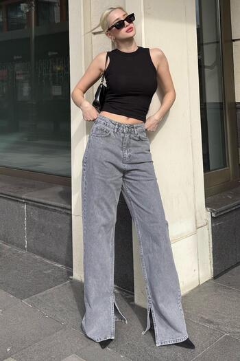 Madmext Gray High Waist Slit Women's Jean Mg1384