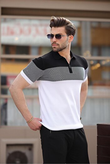 Madmext White Color Blocked Polo Neck Knitwear Men's T-Shirt E7409