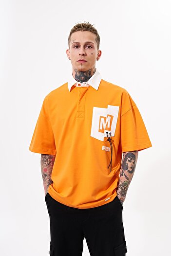 Machinist Men's Constrast Pocket Oversize Orange Polo Neck T-Shirt