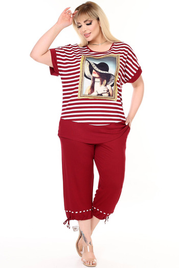 Kheos Round Neck, Lace Shoulder Back, Striped and Printed Blouse, Waist and Leg Elastic, Pocket Trousers Set