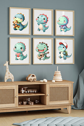 Hiras Dizayn Set of 6 Posters Children's Room Cute Dinosaurs 3 Different Sizes Unframed Children's Room Decoration