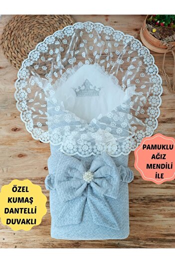 Tomuycuk Gray Lace Baby Blanket - Gift Swaddle, Mevlütlük Hospital Exit Newborn
