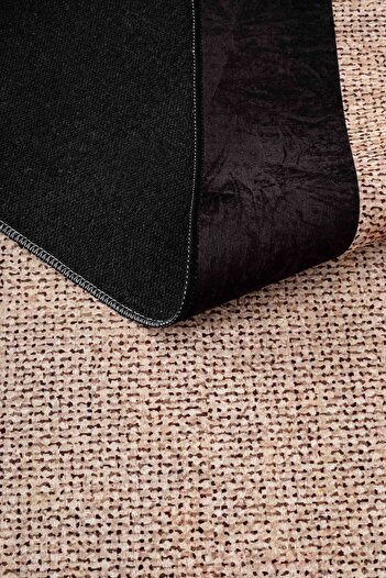 Oriente Home Jüt Desenli Yolluk Krem Siyah Yıkanabilir Kadife Kaymaz Taban Koridor Halısı 8375