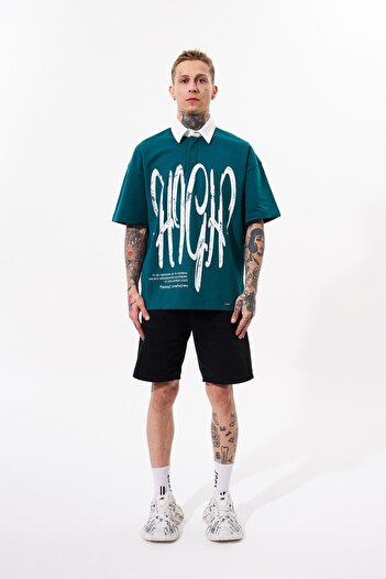 Machinist Ανδρικό μπλουζάκι Petrol Green Oversize Polo Neck - High Printed