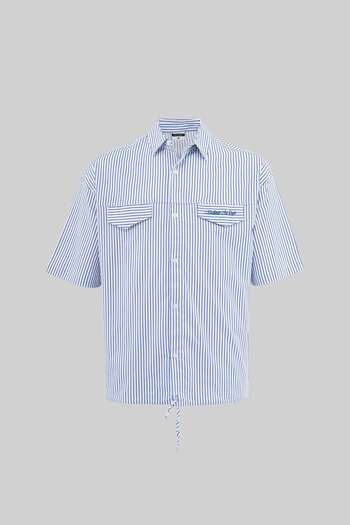 Machinist Men's Gathered Hem Blue Striped Shirt