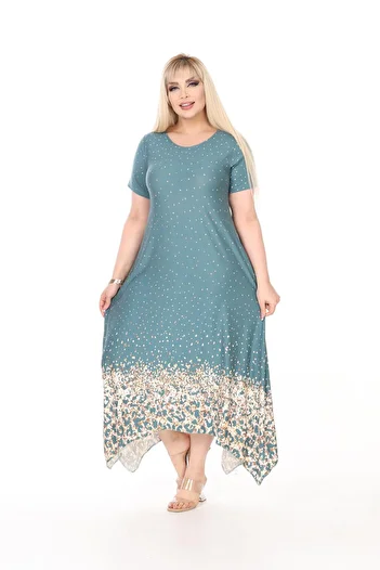 mami butik Plus Size Asymmetrical Skirt Short Sleeve Viscose Combed Cotton Dress