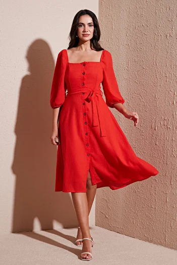 Lela Regular Fit Square Neck Button Midi Length Dress Dress 67810197