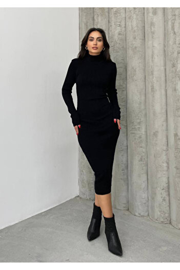 FASHION COCKTAIL Yarım Balıkçı Yaka Boyunlu Fitilli Kumaş Uzun Kol Diz Altı Kalem Mevsimlik Triko Elbise