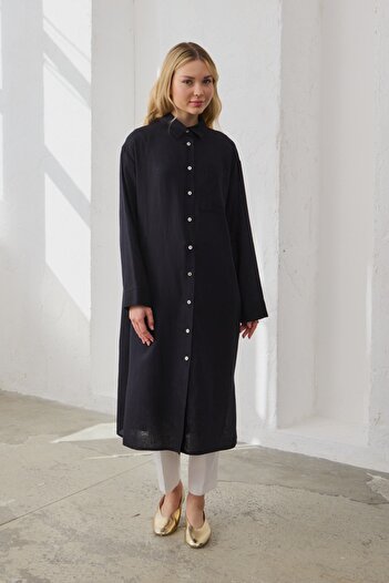 QANU Single Pocket Linen Long Shirt Navy Blue