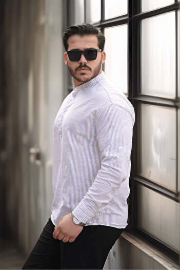 Valiberta Ανδρικό πουκάμισο Half Placket Stand Stripe Flam Linen - Μπεζ