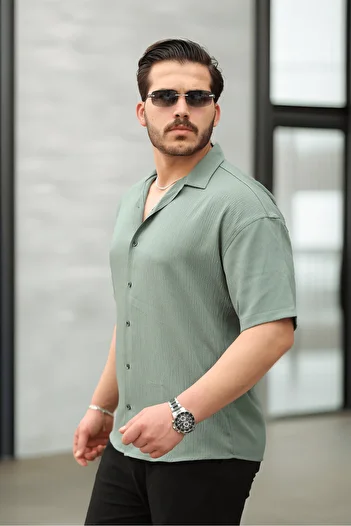 Valiberta Fresh Fabric Apaş Collar Short Sleeve Men's Shirt - Khaki