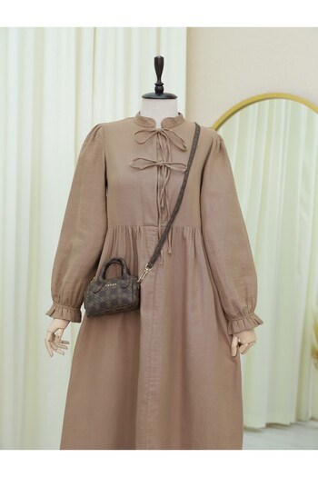 Modamorfo Half Placket Lace up Elastic Sleeve Muslin Dress - Light Brown