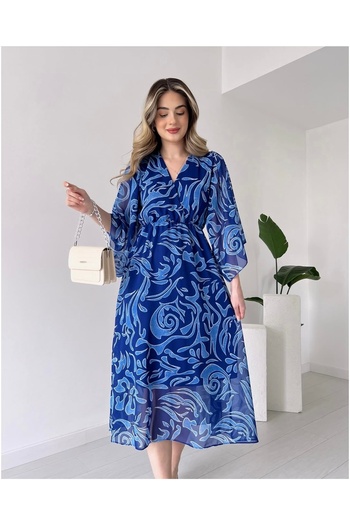 hiraz fashion Women's Patterned Color Double Breasted Neckline Chiffon Dress