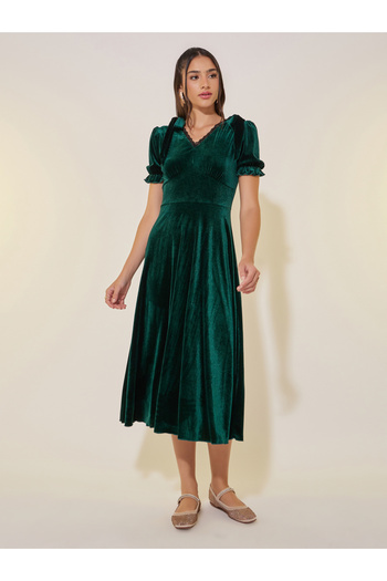 Take Two By Styli Solid Velvet Look V-Neck A-Line Midi Dress