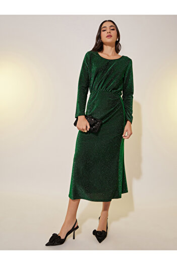 Take Two By Styli Metallic Design Long Sleeves Sheath Midi Dress