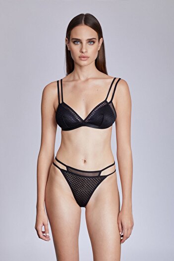 Simi Underwear Women's Black Lace Ribbed String Panties