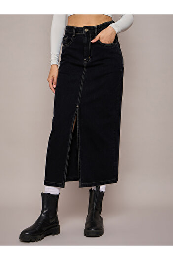 Sassafras By Styli Plain Front Slit Denim A-Line Midi Skirt