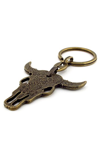 Solfera Patterned Bull Buffalo Skull Horn Antique Yellow Tumbled Metal Keychain Kc239