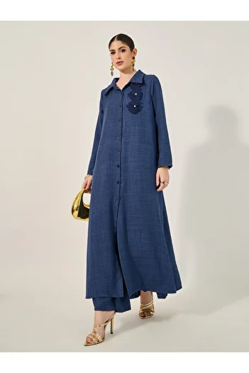 Styli Collared Lace Detail Buttoned Maxi Shirt and Trousers Set