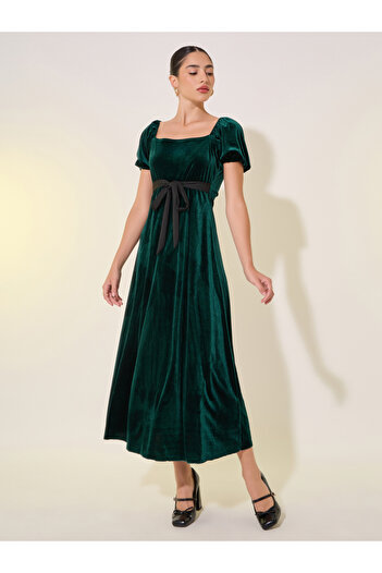 Take Two By Styli Solid Velvet Look Square Neck Tie-Up Front Midi Dress