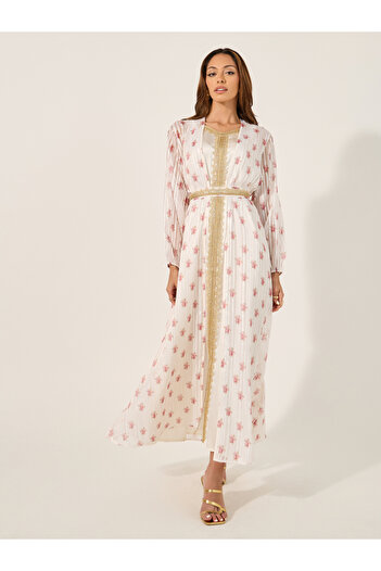 Styli Floral Print Lace Trim Belted Kaftan with Inner Satin Dress