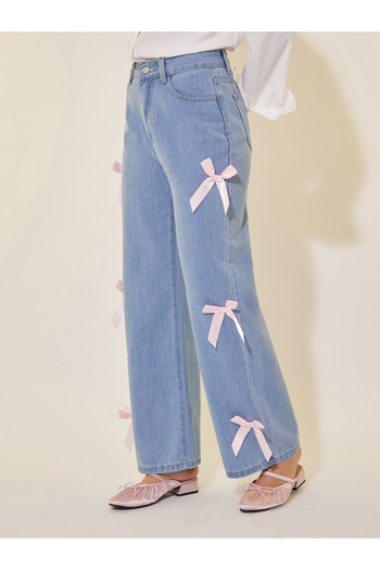 Take Two By Styli Mid Rise Wide Leg Faded Jeans with Bow Detail