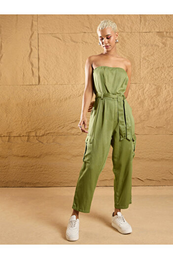 Sassafras By Styli Twill Bandeau Neck Jumpsuit with Pockets and Belt