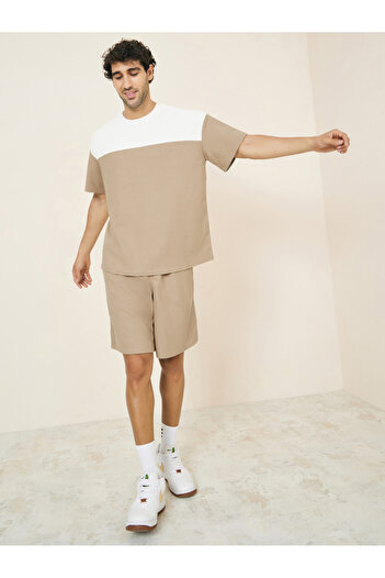 Styli Waffle Knit Colorblock Oversized T-Shirt and Shorts Co-Ords Set