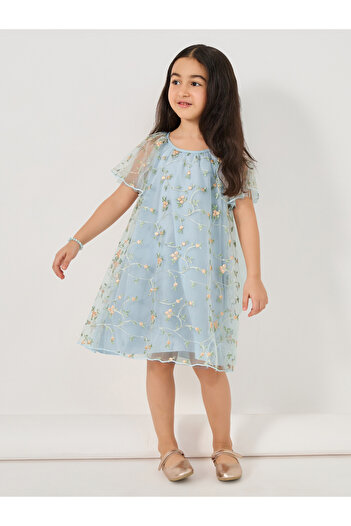 Styli Embroidered Floral Mesh Round Neck Dress