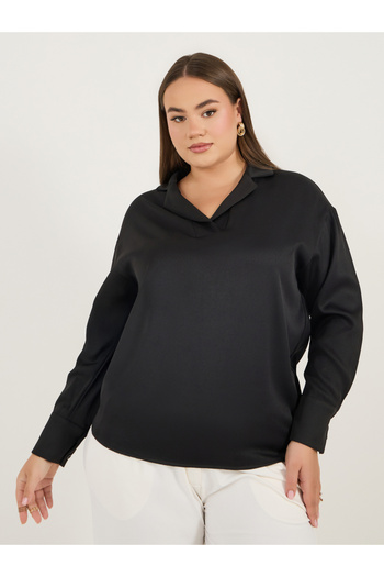 Styli Plus Size Notch Collar Long Sleeve Blouse