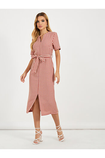 Styli Tweed Checked Sheath Midi Dress with Slit Hem