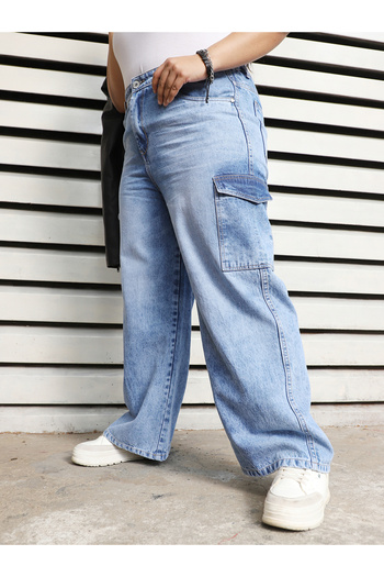 High Star By Styli Plus Size Wide Leg Faded Cargo Jeans