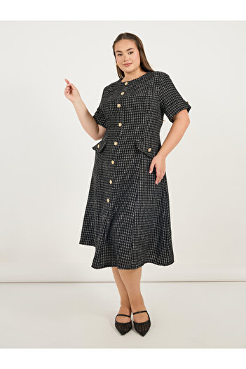 Styli Plus Size Short Sleeves A-Line Tweed Midi Dress