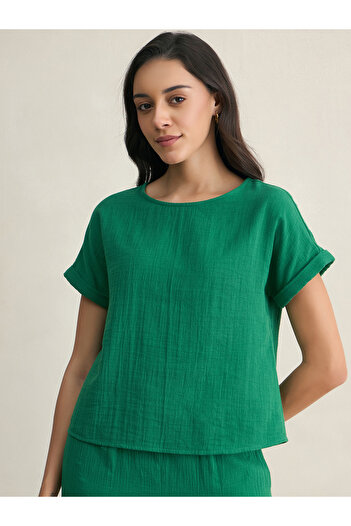 Femmella By Styli Solid Crinkled Turn-Up Sleeve Top