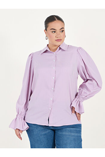 Styli Plus Size Striped Shirt with Flared Elasticated Balloon Sleeves