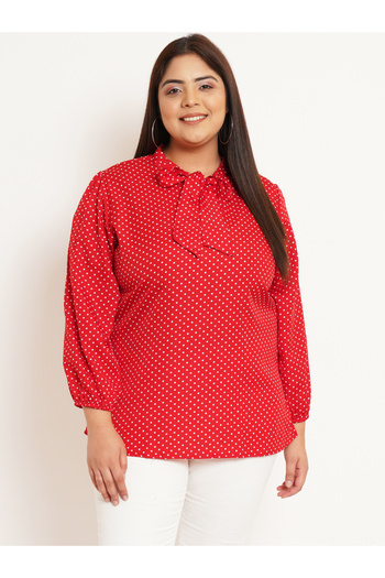 U&F By Styli Plus Polka Dot Print Tie-Up Neck Crepe Top