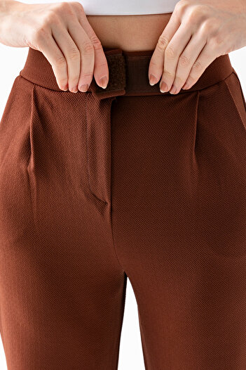 CNRCollection Γυναικείο καφέ ψηλόμεσο Lycra ελαστικό ελαστικό κλείσιμο με velcro στη μέση Casual παντελόνι Palazzo