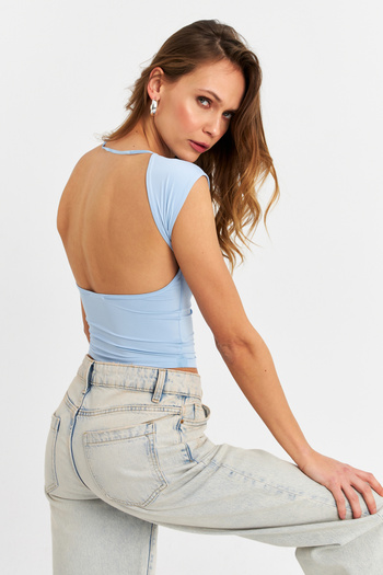 Cool & Sexy Kadın Mavi Sırtı Açık Crop Bluz ZH083