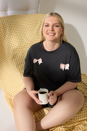 Trendyol Curve Knitted Pajama Set - Anthracite, Ribbon and Bow Detail Tbbss25Ai00032
