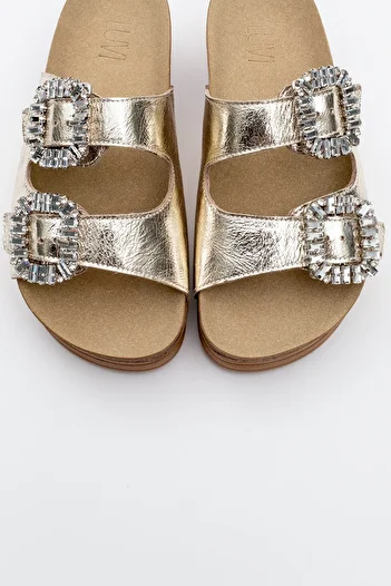 LuviShoes Γυναικείες παντόφλες με χοντρή σόλα από γνήσιο δέρμα POLACCA Gold Skin Stone με διπλή ζώνη