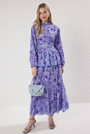 Trendyol Modest Μωβ φλοράλ μοτίβο σιφόν υφαντό φόρεμα TCTSS25EB00056