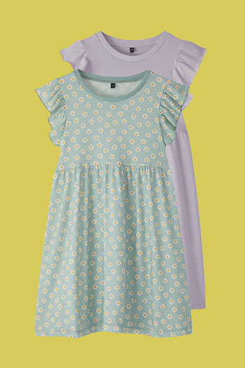 TRENDYOLKIDS Flieder-Mint 2'li Mädchen Baumwolle Ärmel Rüschen Detailliertes Strickkleid TKDSS25EL00017