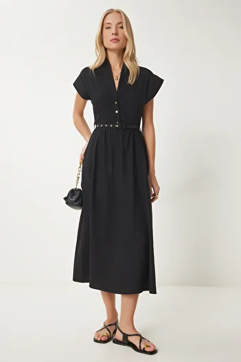 Happiness İstanbul Rochie neagră de damă cu efect de șifonat de vară UB00309